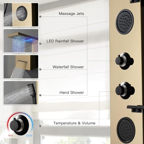 Homevacious 4 In 1 Shower Panel System with Shelf Polished Gold | LED Rain Shower Head Adjustable Massage Body Jets 3 Functions Handheld Head Tub Spout Stainless Steel - color: Polished Gold and Black, style: LED Shower Panel