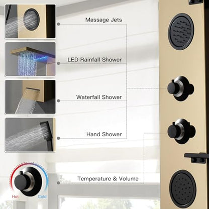 Homevacious 4 In 1 Shower Panel System with Shelf Polished Gold | LED Rain Shower Head Adjustable Massage Body Jets 3 Functions Handheld Head Tub Spout Stainless Steel - color: Polished Gold and Black, style: LED Shower Panel