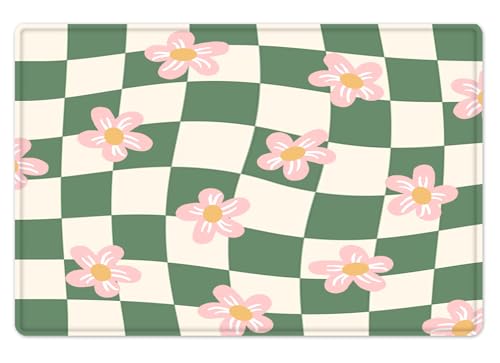 HVEST Pink and Green Bath Mat, Checkered Pink Daisy Non-Slip Bathroom Rugs, Floral Memory Foam Rug Bathroom Decorative Accessories, 23X15 Inches - color: Green Pink