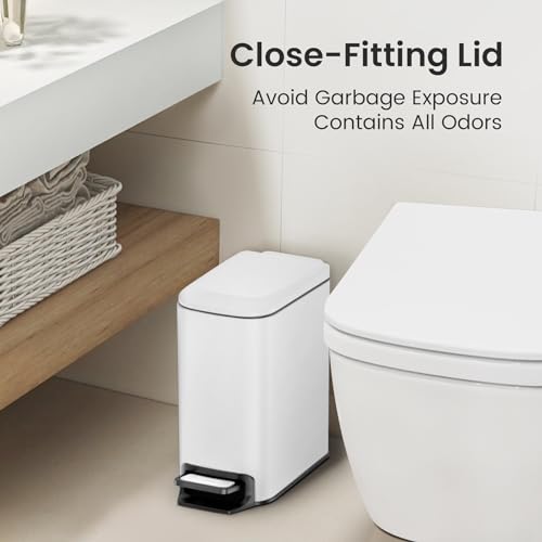 Cesun Small Bathroom Trash Can with Lid, 1.6 Gal, Soft Close, White | Step pedal soft close, Slim 5.9in fits narrow spaces, Stainless steel, Anti-fingerprint, Removable inner bucket, Odor seal - color: White