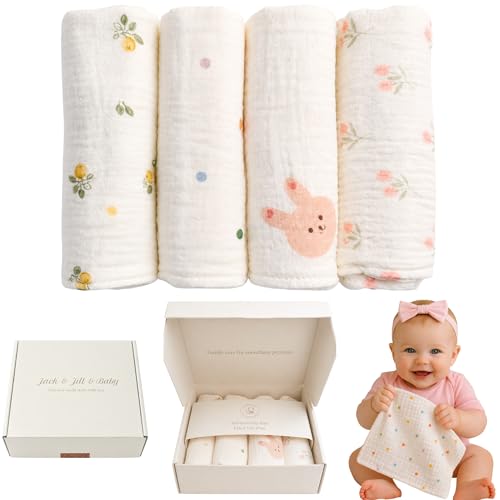 Jack & Jill & Baby Washcloths | 100% Cotton | Ultra-Soft Face Towels for Baby Boys and Girls | Bath Time and Burp Cloth Use | Baby Essentials | Absorbent Cloth Wipes | Pack of 4 (Bunny Bloom) - color: Bunny Bloom