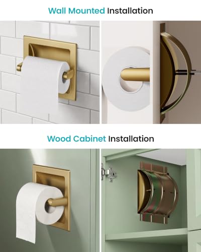 Recessed Toilet Paper Holder Gold, in-Wall, 304 Stainless Steel | Inset Toilet Paper Holder, Spring-Free Pivoting Arm, Space-Saving Flush Mount, Fits Rolls up to 6 in - color: Gold