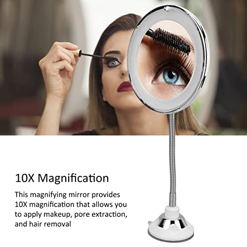 Magnifying Mirror, Flexible Gooseneck LED Lighted 10X Magnifying Makeup Mirror with Power Locking Suction Cup, 10X Magnification LED Fill Light Suction Cup Adjustable Gooseneck Makeup Mirror