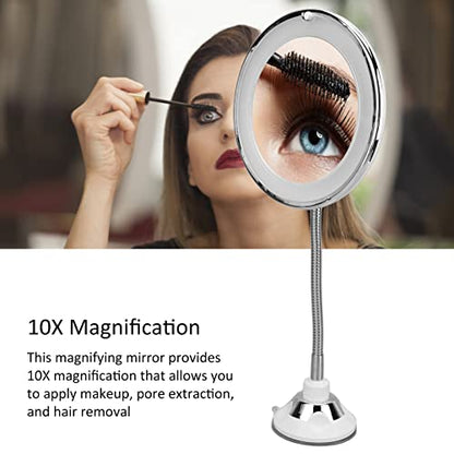Magnifying Mirror, Flexible Gooseneck LED Lighted 10X Magnifying Makeup Mirror with Power Locking Suction Cup, 10X Magnification LED Fill Light Suction Cup Adjustable Gooseneck Makeup Mirror