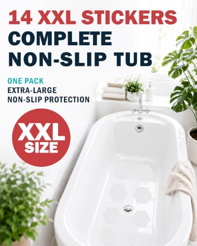 Anti-Slip Shower Stickers 4" Hex, 14 Pack Clear PEVA - Larger Coverage Per Sticker for Bathtub & Shower Floor, Micro-Pyramid Grip, Scraper & Guide Included