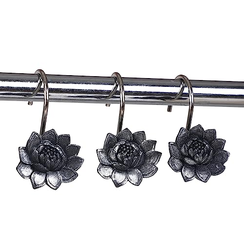 Twofish Home Black Flower Shower Curtain Hooks Anti Rust Shower Curtain Hooks Decorative Resin Black Flower Shower Curtain Rings Set of 12 - color: Black Flower