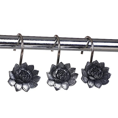 Twofish Home Black Flower Shower Curtain Hooks Anti Rust Shower Curtain Hooks Decorative Resin Black Flower Shower Curtain Rings Set of 12 - color: Black Flower