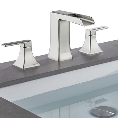 Brushed Nickel Bathroom Faucet, Sanliv Widespread Bathroom Faucet for 3-Hole Sinks 4-8 inch, 2-Handle Waterfall Vanity Faucets with Pop-Up Drain, Brushed Nickel - color: Brushed Nickel