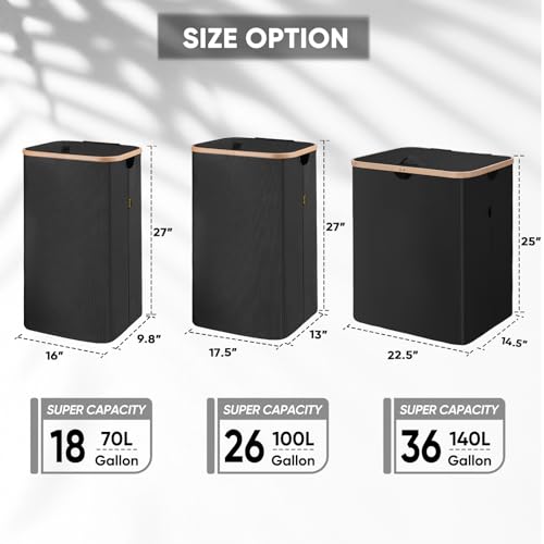 BALEINE Laundry Hamper with Lid, Tall Laundry Baskets with Bamboo Pull Handles, Large Laundry Bin with Internal Support (36 Gal/140L, Black) - color: Black, size: 140 liters