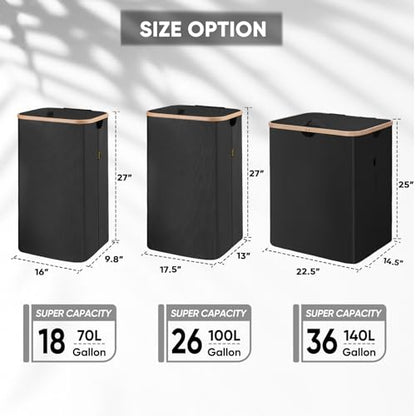 BALEINE Laundry Hamper with Lid, Tall Laundry Baskets with Bamboo Pull Handles, Large Laundry Bin with Internal Support (36 Gal/140L, Black) - color: Black, size: 140 liters