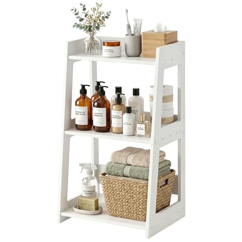 3-Tier Bathroom Ladder Shelf Freestanding, 15.7" W x 27.6" H | White PVC Floor Shelves, Small Bookshelf, Nightstand, for Home Study, Laundry Room, Open Display Rack, 11.8" Deep - size: 11.8"D x 15.7"W x 27.6"H
