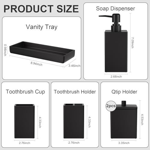 Black Bathroom Accessories Set Resin 6PCS, Square Toothbrush Holders Set Complete with Soap Dispenser, Vanity Tray, Tumbler, Cups and Cotton Swab Jars for Counter, Sink or Small Spaces - color: Black
