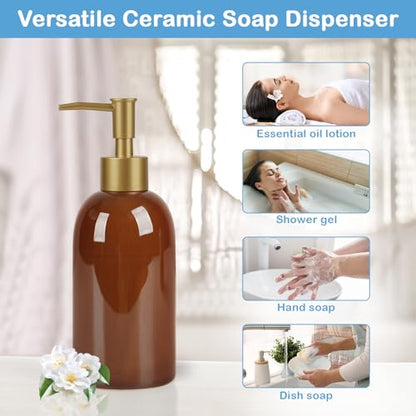 Natheeph 14OZ Ceramic Soap Dispenser Can Fill Liquid for Bathroom, Kitchen | Refillable Hand Soap Dish Soap,Detergent for Kitchen, Bathroom, Soap Pump Dispenser Bottle, Ceramic (Amber) - color: Brown