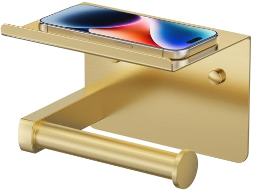 FORIOUS Toilet Paper Holder with Shelf, Adhesive or Screw, Brushed Gold | Wall Mount Toilet Paper Roll Holder for Bathroom, Stainless Steel Commercial Toilet Tissue Roll Dispenser with Phone Shelf - color: Brushed Gold
