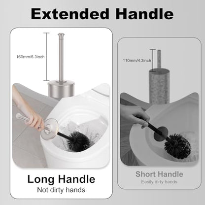 Stain Nickel Toilet Brush and Holder，Extra Long Handled Toilet Brush for Bathroom，Stainless Steel Heavy Duty Toilet Bowl Brush,Removable Inner Bowl,Deep Cleaning Dense Bristles Brush - color: Stain Nickel