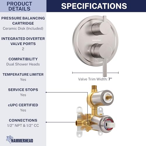 HammerHead Showers Solid Metal Two Handle Shower Valve and Trim Kit Brushed Nickel, Diverts Water Controls Volume and Temperature, Rough-In Shower Trim Kit with Valve and Pressure Balance Shower Valve - color: Brushed Nickel