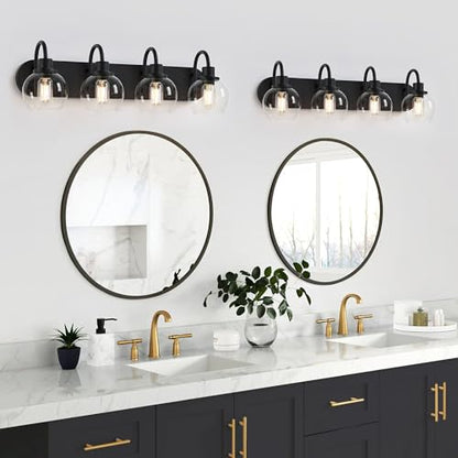 Dpyrrhic Industrial Bathroom Vanity Light， 4-Light Bathroom Lights Over Mirror with Clear Glass Globe Shade and Metal Base, Matte Black Bathroom Vanity Light Fixture - color: Black, size: 4-Light