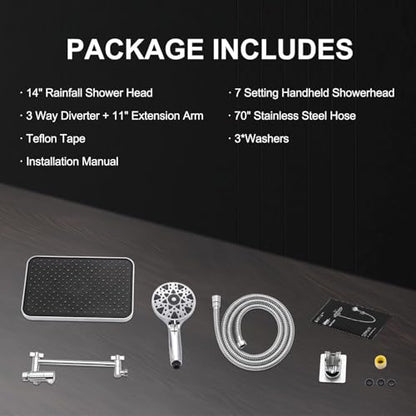 14 Inch Square Rain Shower Head Combo, 7 Settings Handheld Spray, Water Saving with Check Valve, Anti-Clog Nozzles, Tool-Free Installation for Bathroom Upgrade