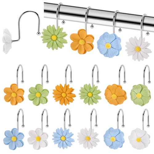Flower Shower Curtain Hooks, 12 Pack Rustproof Stainless Steel Decorative, Bohemian Floral Bathroom Accessories for Curtain Rod and Shower Rod（Sage Green） - color: Sage Green