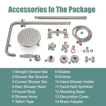Heyalan Dual Shower System, 8 Inch Rain Head, Handheld,Brushed Nickel | Dual shower system with 8 inch rain head, handheld sprayer, exposed pipe design, two-handle control, and brass body. - color: Brushed Nickel
