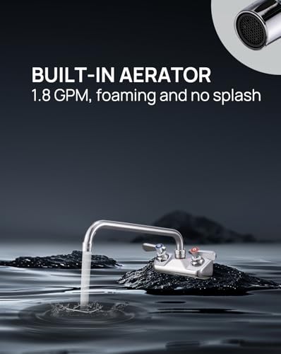 4" Center 12" Spout Commercial Wall Mount Sink Faucet for Restaurant & Bar | Solid Brass with Chrome Finish, 1.8 GPM Stainless Swivel Spout, Leak-Free Washerless Ceramic Cartridge Valve, 1/2" NPT Male - size: 4" center 12" spout