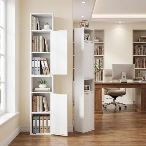 AKMAKM 59.1" Tall Slim Bathroom Storage Cabinet White | Freestanding or Wall Mounted Modular Cabinet, Fluted Panel Linen Tower with Adjustable Shelves for Small Spaces - color: White