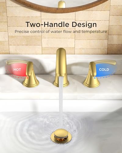 FORIOUS Bathroom Sink Faucet 3 Hole Widespread 8 Inch 2 Handle Brushed Gold | 3-hole 6-12 Inch Widespread Sink Faucets with Drain and Water Supply Lines, for Vanity Rv Commercial Lavatory Restroom Basin - color: Brushed Gold, style: Modern