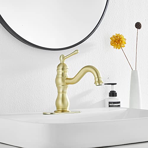 Bathroom Faucet Brushed Gold GGStudy 360° Swivel Bathroom Vanity Faucet Single Handle One Hole Bathroom Sink Faucet Basin Matching Pop Up Drain with Overflow - color: Brushed Gold, size: Short