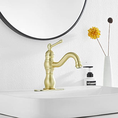 Bathroom Faucet Brushed Gold GGStudy 360° Swivel Bathroom Vanity Faucet Single Handle One Hole Bathroom Sink Faucet Basin Matching Pop Up Drain with Overflow - color: Brushed Gold, size: Short