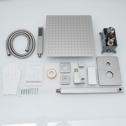 Brushed Nickel Shower System 16 Inch Bathroom Luxury Rain Mixer Shower Combo Set Wall Mounted Rainfall Shower Head and Handheld System Shower Faucet Set Rough-in Valve Body and Trim Kit - color: Brushed Nickel, size: 16 Inch
