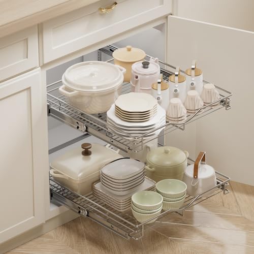 DINDON Pull Out Cabinet Organizer (22-1/2" W x 21-1/2"D), Cabinet Pull Out Shelves, 2 Tier Pull Out Drawers for Kitchen Cabinets, Wire Basket Slide Out Shelf, Pot and Pan Organizer - size: 22-1/2" W X 21-1/2" D