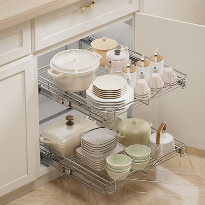 DINDON Pull Out Cabinet Organizer (22-1/2" W x 21-1/2"D), Cabinet Pull Out Shelves, 2 Tier Pull Out Drawers for Kitchen Cabinets, Wire Basket Slide Out Shelf, Pot and Pan Organizer - size: 22-1/2" W X 21-1/2" D