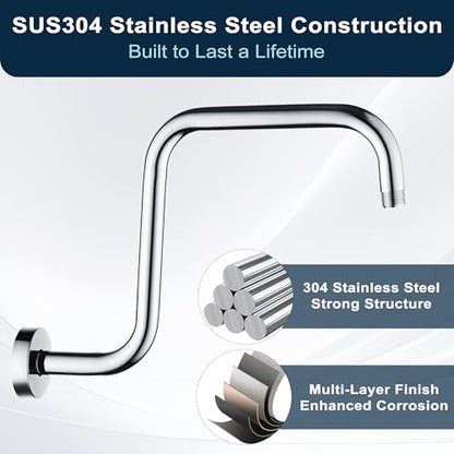 BRIGHT SHOWERS 13 Inch Shower Head Extension Arm with Flange S Shaped High Rise Extender, Long Stainless Steel Rainfall Shower Head Pipe Arm, Chrome - color: Chrome, style: S-Shape 13 Inch