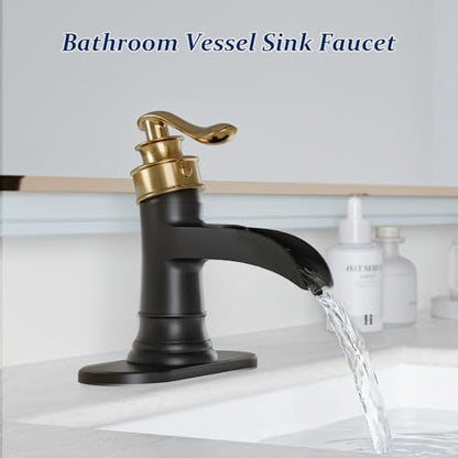 BWE Solid Bass Waterfall Bathroom Sink Faucet, Black & Gold for Farmhouse | Wide Waterfall Spout, Ceramic Cartridge, Fits 1 or 3-Hole Sink, Single Handle, Hardware Kit Included, Not for Vessel Sink - color: Black & Gold