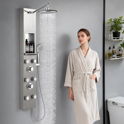 ROVATE Shower Panel Tower System with Shelf & 6 Body Jets, Brushed Finish | Stainless Steel Shower Column with Height Adjustable Shower Arm, Self-Cleaning Rainfall Showerhead & Handheld - color: Brushed Finish