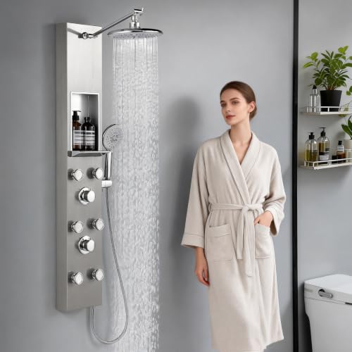 ROVATE Shower Panel Tower System with Shelf & 6 Body Jets, Brushed Finish | Stainless Steel Shower Column with Height Adjustable Shower Arm, Self-Cleaning Rainfall Showerhead & Handheld - color: Brushed Finish