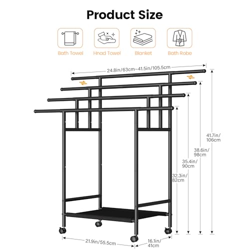 Homeiju Expandable Free Standing Towel Rack for Bathroom, 4 Tier Blanket Rack, Adjustable Blanket Holder for Bathroom, Towel Drying Rack Stand for Outdoor, Poolside, Black