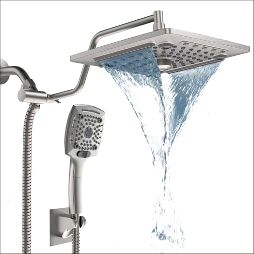 ELLO&ALLO Rain Shower Head with Handheld Spray, Rainfall Shower Head Combo with 60" Hose, Dual Showerhead Set with Adjustable Shower Extension Arm, Brushed Nickel
