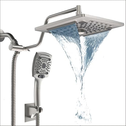 ELLO&ALLO Rain Shower Head with Handheld Spray, Rainfall Shower Head Combo with 60" Hose, Dual Showerhead Set with Adjustable Shower Extension Arm, Brushed Nickel