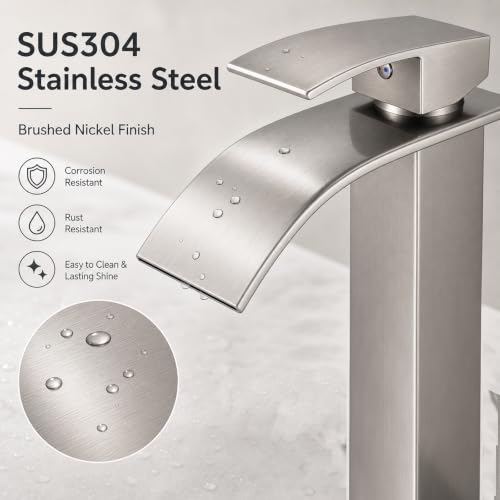 VOTON Vessel Sink Faucet Brushed Nickel Modern Tall Waterfall Bathroom Sink Faucet with Pop-Up Drain Single Handle Bathroom Faucet 1 Hole Bowl Lavatory Vanity Faucet, Rv Sink Camper Farmhouse Faucet - color: Brushed Nickel, size: Tall
