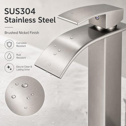 VOTON Vessel Sink Faucet Brushed Nickel Modern Tall Waterfall Bathroom Sink Faucet with Pop-Up Drain Single Handle Bathroom Faucet 1 Hole Bowl Lavatory Vanity Faucet, Rv Sink Camper Farmhouse Faucet - color: Brushed Nickel, size: Tall