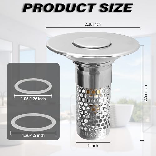 2 Pack Universal Bathroom Sink Drain Pop-Up Stopper, Bathroom Sink Stopper 1.06"-1.50" for Bathroom Sink Stainless Steel Floor Drain Strainer, Standard Universal Drain Strainer