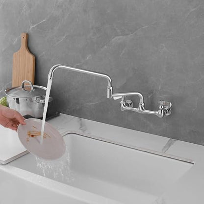 Commercial Wall Mount Kitchen Faucet 18" Swing Spout, Chrome | Lead-Free Brass,Two Handle Hot/Cold Mixer,8" Center,with Add-on Swing Spout,3 Compartment Sink, Restaurant & Laundry - size: 18 Inch