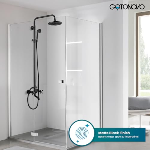 gotonovo Exposed Shower Faucet with Spout Matte Black,Straight Pipe | Brass Bathroom Exposed Shower System,8’’ Rain Head,Swivel Tub Spout 2 Cross Handle,Adjustable Handheld Sprayer,Wall Mount - color: Black