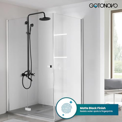 gotonovo Exposed Shower Faucet with Spout Matte Black,Straight Pipe | Brass Bathroom Exposed Shower System,8’’ Rain Head,Swivel Tub Spout 2 Cross Handle,Adjustable Handheld Sprayer,Wall Mount - color: Black