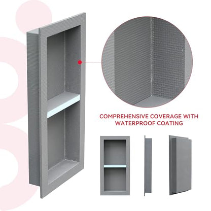 Shower Niche Insert Tile Ready 12x28 | Embedded size 13x29, mortar surface for strong tile bonding, waterproof coating for double water protection, double shelf - size: 12" x 28"