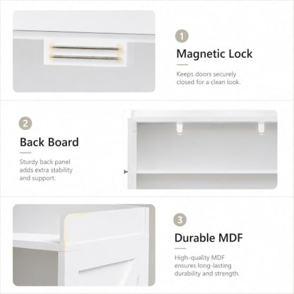 Over the Toilet Storage Cabinet, 66.92”H 7-Tier Bathroom Organizer Rack | Toilet Shelf with Side Cabinet and 2 Farmhouse Barn Doors,Freestanding Space Saver for Bathroom, Laundry, White