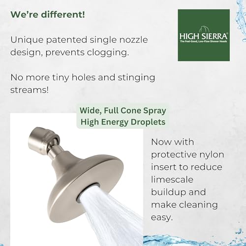 High Sierra® HALF DOME® Solid Lead-Free Metal 1.8 GPM Award Winning. Ultra Low Flow Shower Head. Patented Nozzle Never Clogs - Brushed Nickel Finish - color: Nickel, size: 1.8 GPM