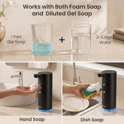 GentleJet EasyFoam Automatic Foaming Soap Dispenser, Touchless USB-C Rechargeable Sensor Pump, 304 Stainless Steel, Adjustable Foam, IPX5 Water-Resistant for Bathroom & Kitchen, 10 fl oz / 300 mL - color: Black