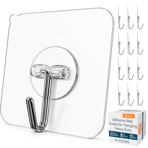 Adhesive Wall Hooks for Hanging, Heavy Duty No Drill, 22 lbs, 12 Pack | GLUIT Adhesive Wall Hooks for Hanging, Transparent Waterproof Sticky Towel Hook for Bathroom Kitchen Home Outdoor - size: Medium, 12 pcs